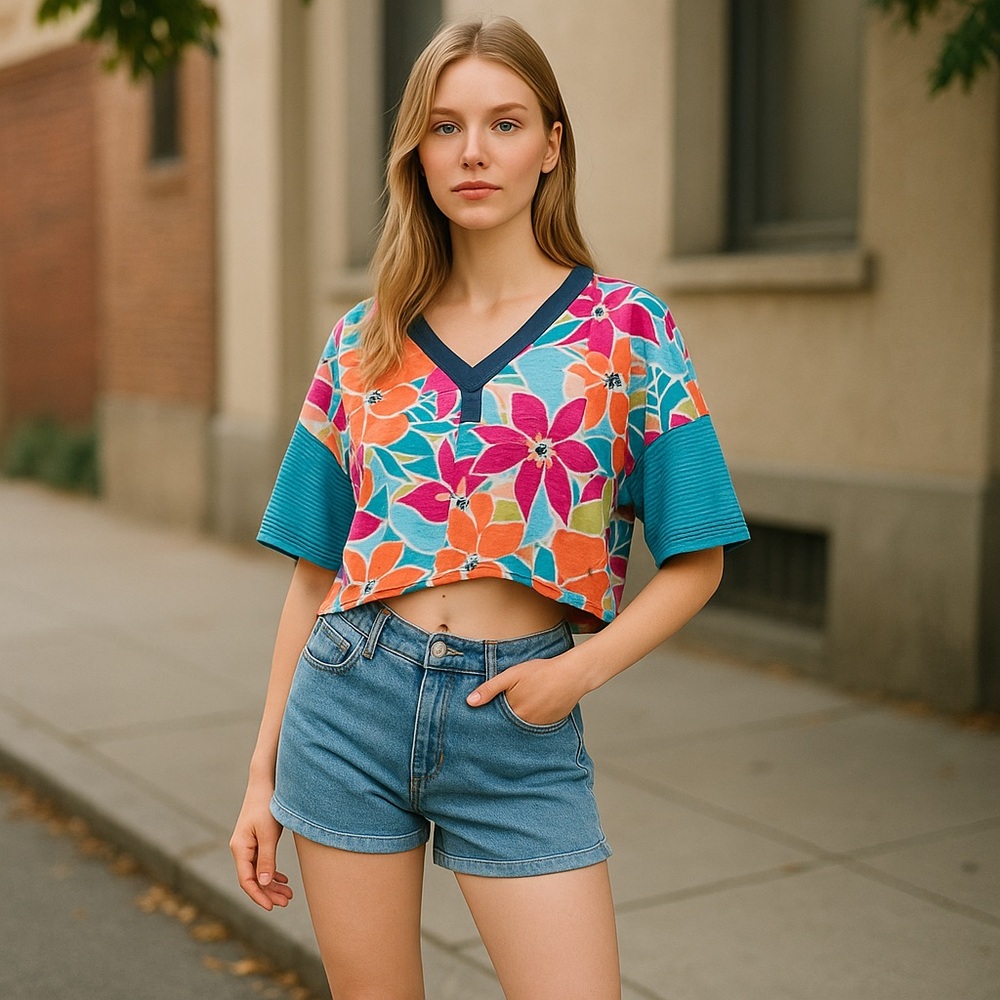 NWOT Free People Floral Striped Collared On A Boat Boxy Crop Polo Shirt